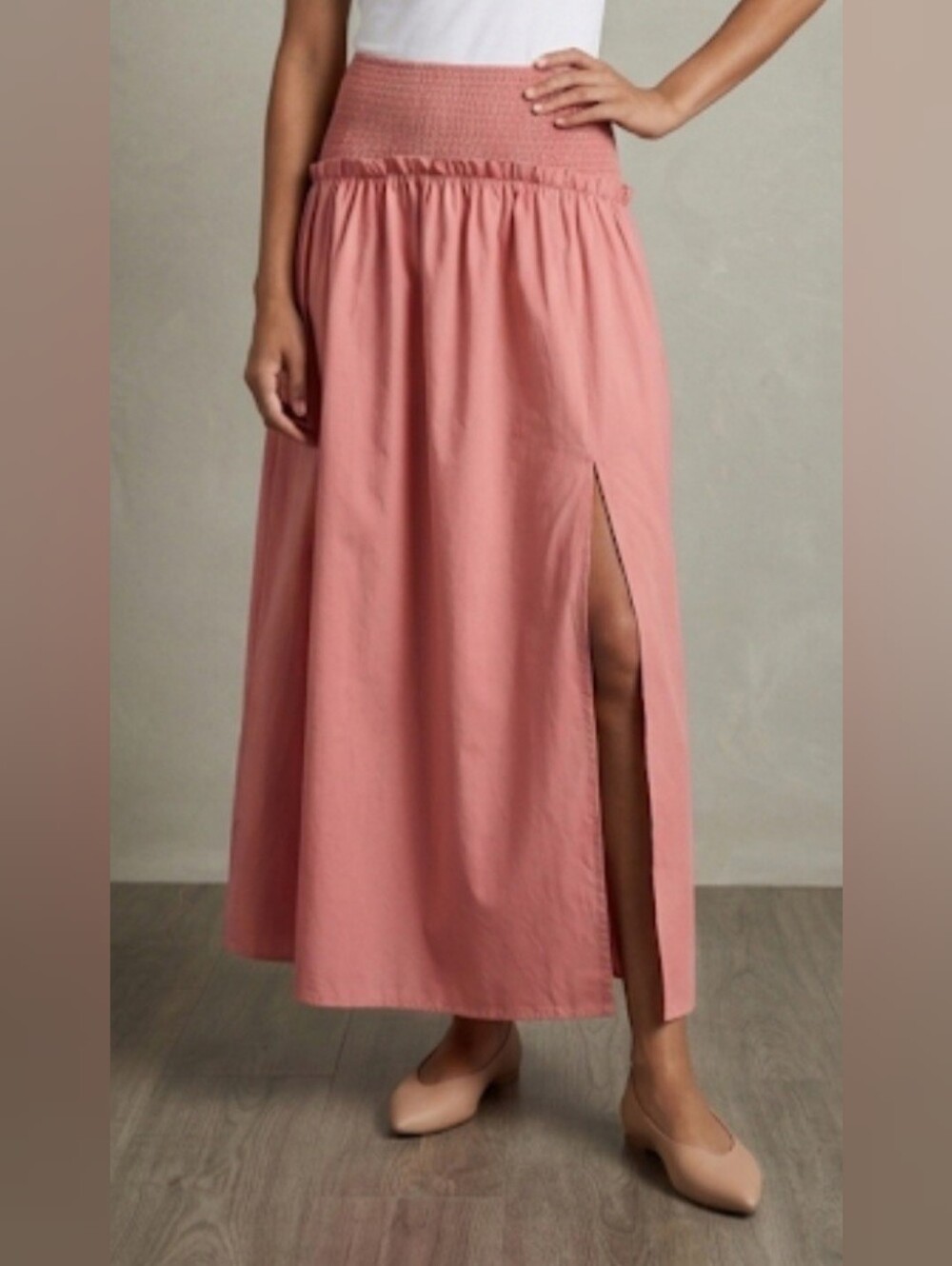By Anthropologie Dusty Pink Smocked Side Slit Cotton Maxi Skirt Size XS